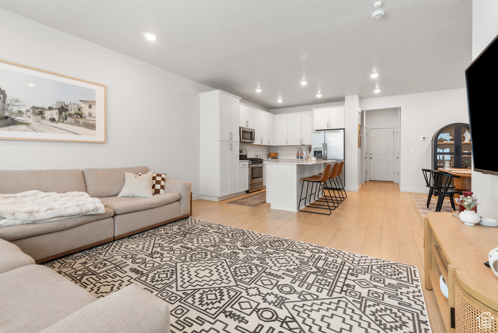 Living room featuring light wood finished floors and recessed lighting