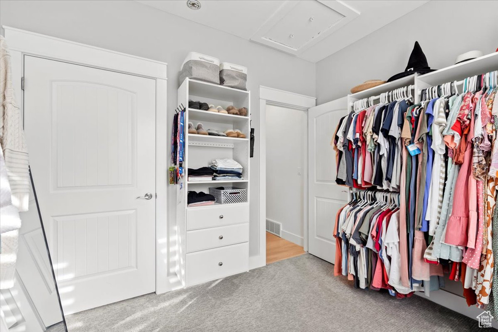 Spacious closet featuring carpet and attic access