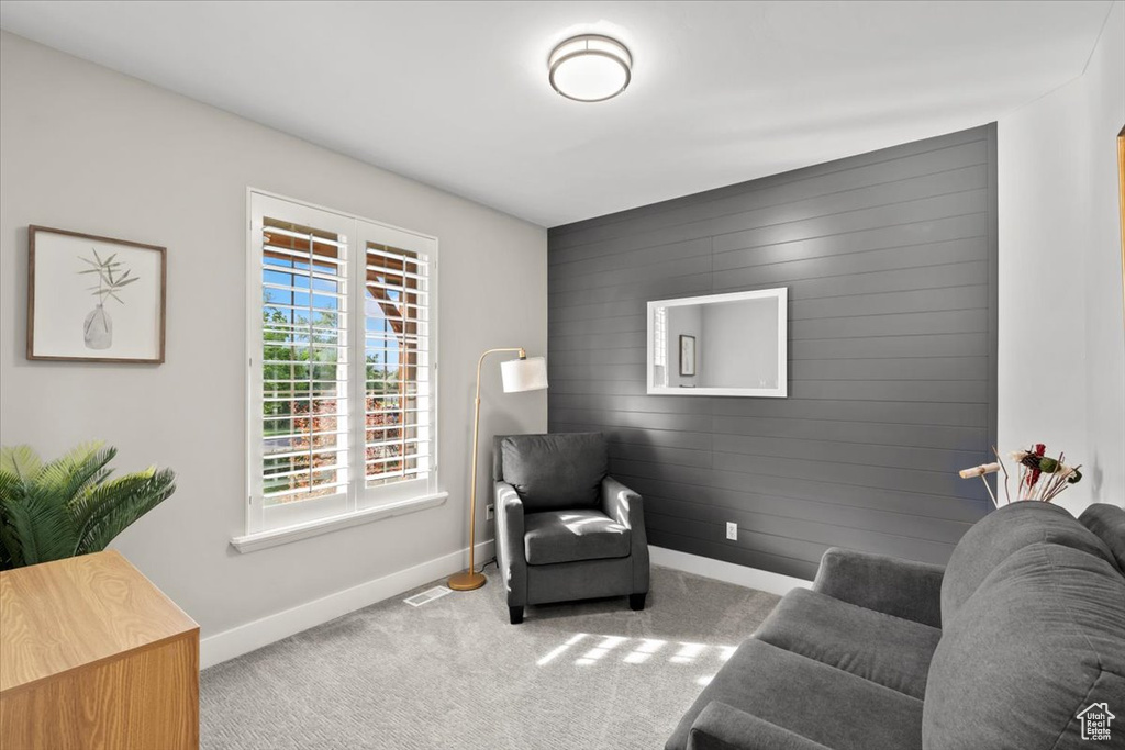 Living area featuring carpet floors and an accent wall
