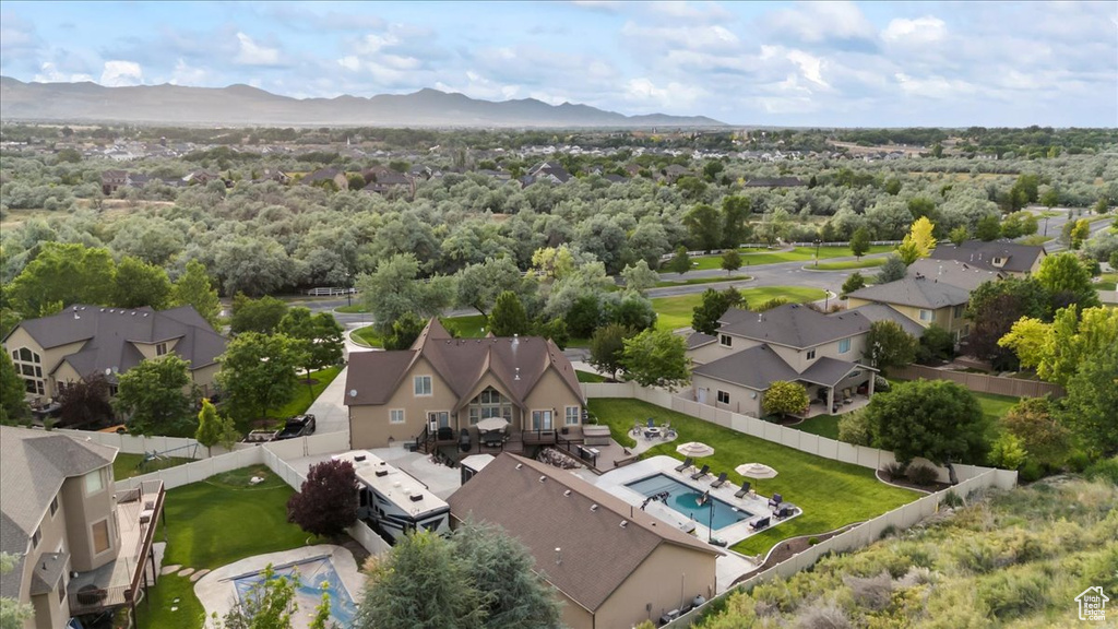 Aerial view of residential area with mountains