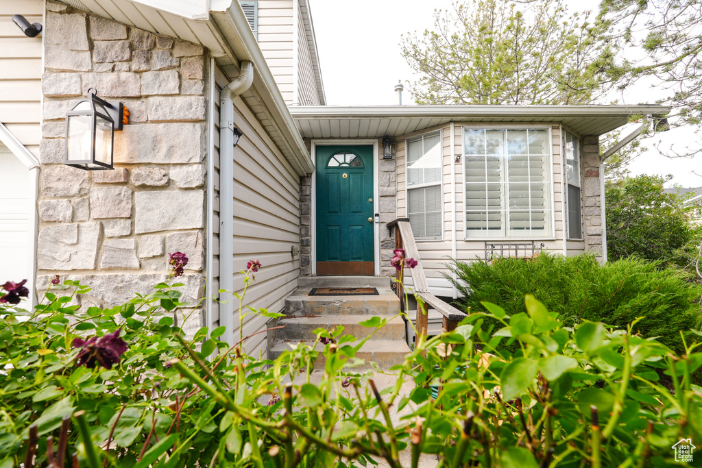 Entrance to property with stone siding