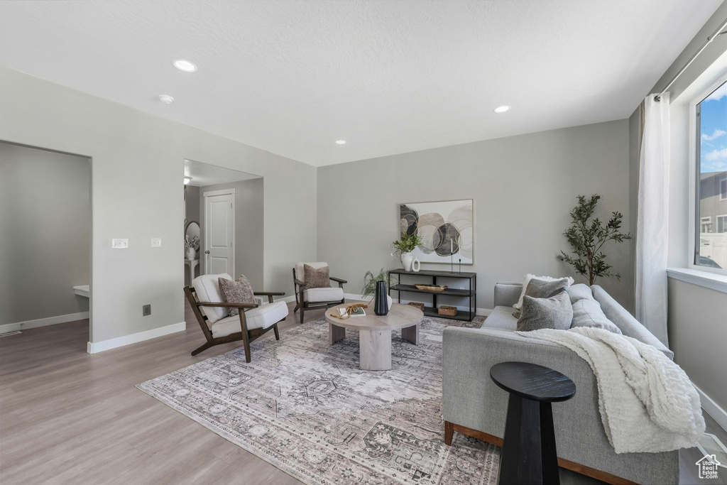 Living room with light wood-type flooring and recessed lighting