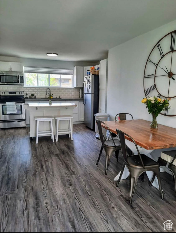 Dining room with dark wood-style flooring
