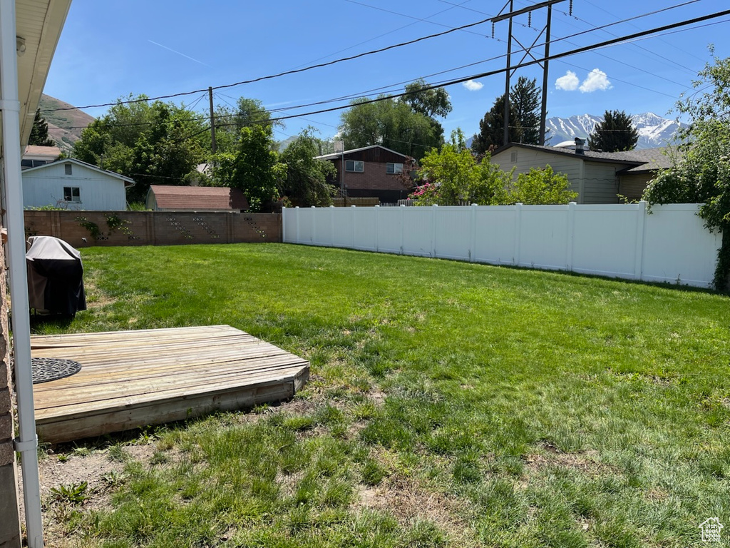 Fenced backyard featuring a deck with mountain view