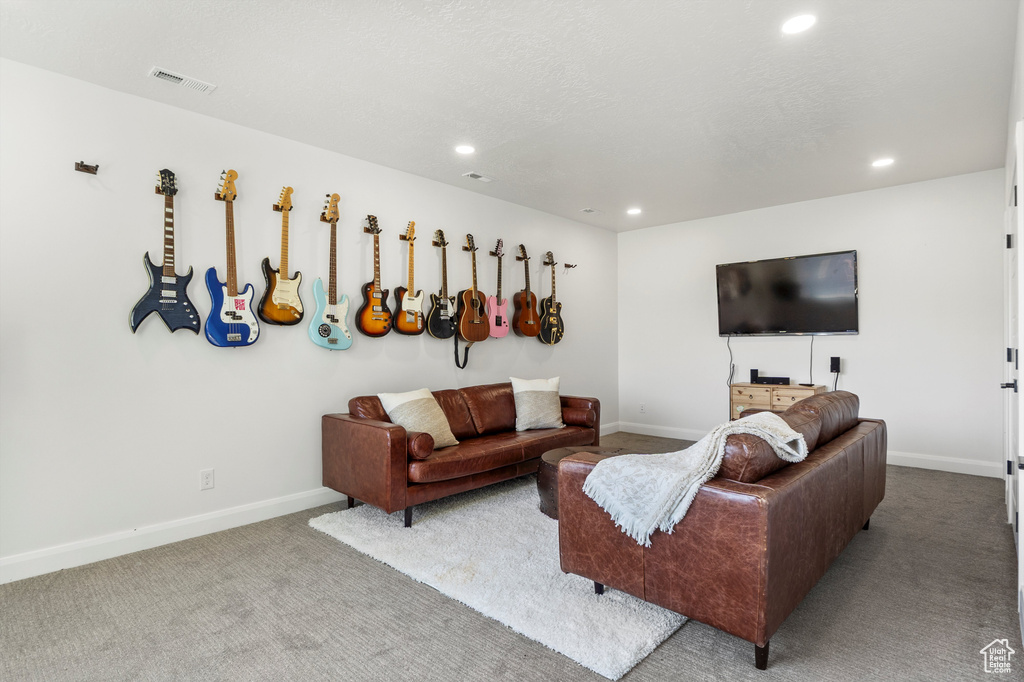 Carpeted living area featuring recessed lighting and baseboards