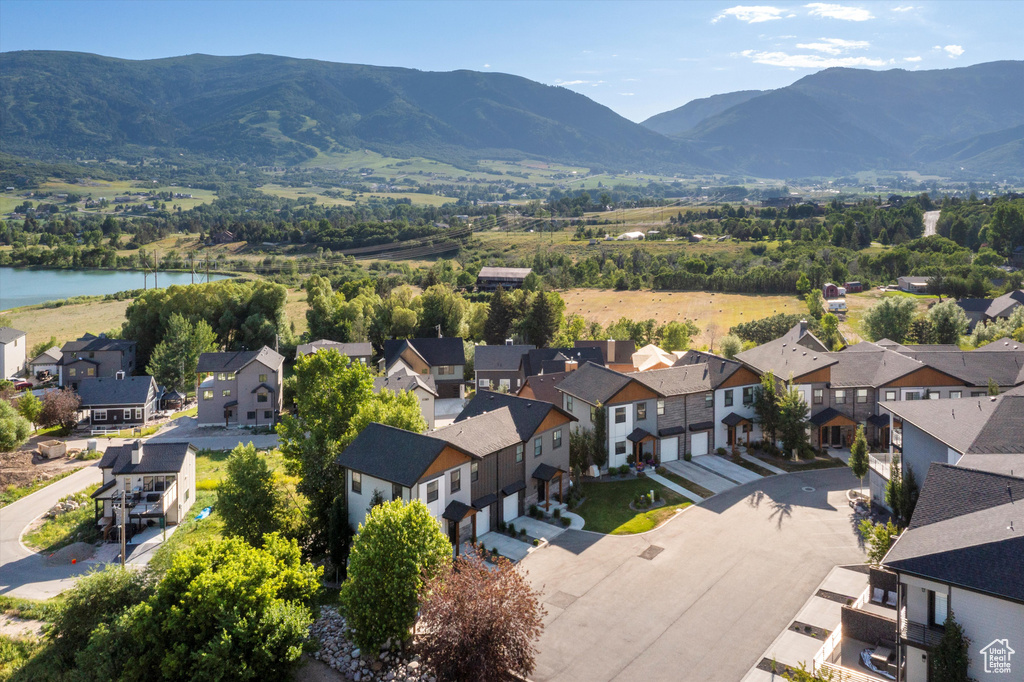 Aerial view of residential area with a water and mountain view
