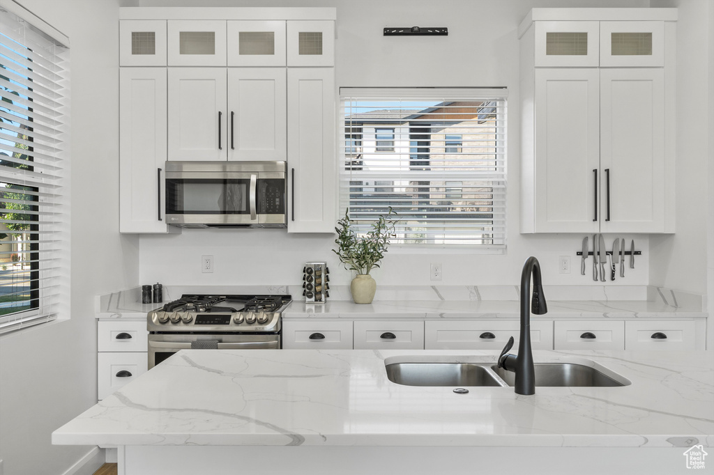 Kitchen with stainless steel appliances, white cabinets, glass insert cabinets, and light stone countertops