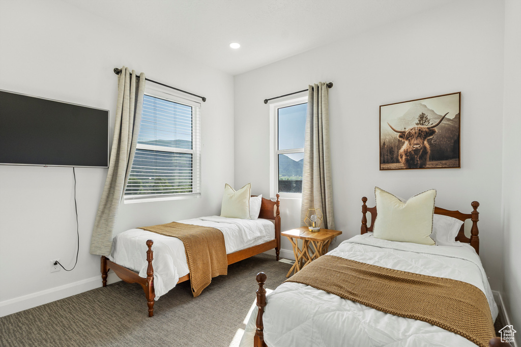 Carpeted bedroom with baseboards and recessed lighting