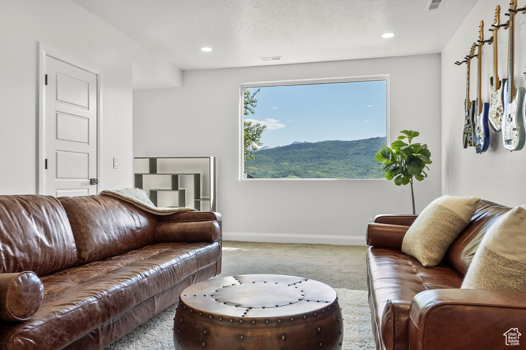 Living area featuring carpet flooring and recessed lighting