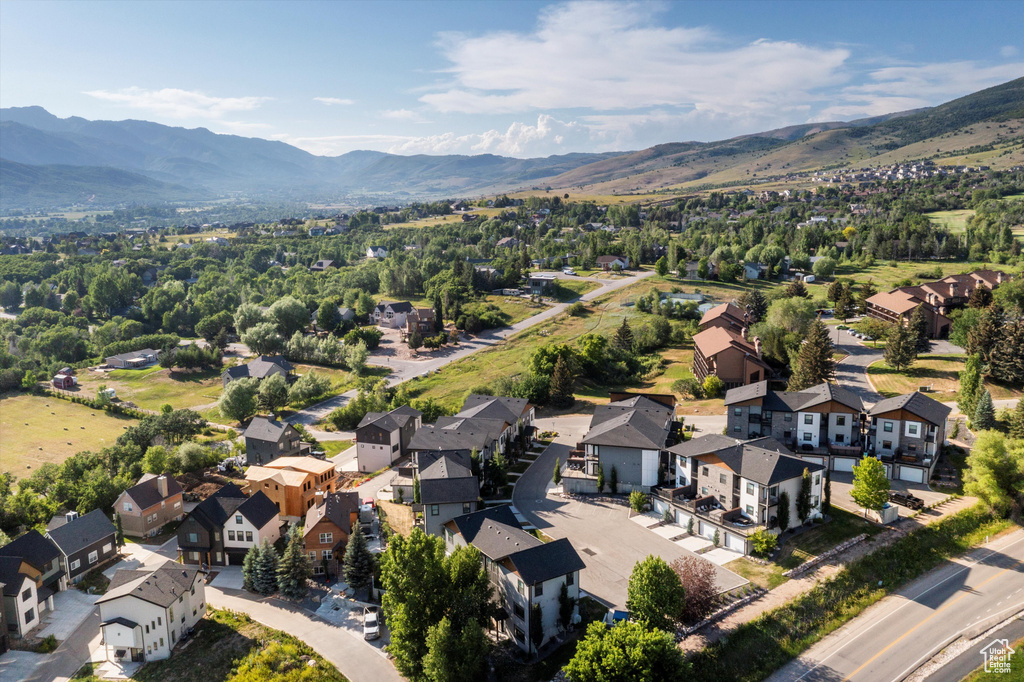 Aerial perspective of suburban area with a mountain backdrop