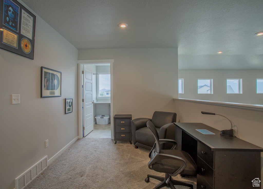 Carpeted office space featuring plenty of natural light and recessed lighting