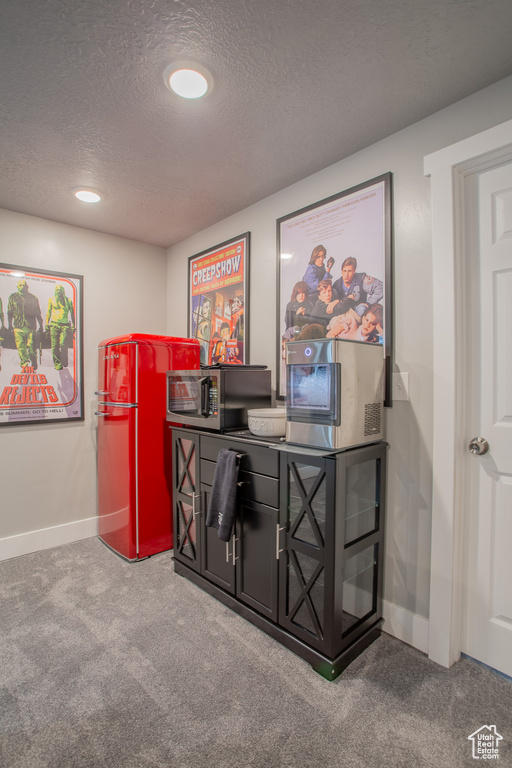 Detailed view of a textured ceiling, carpet, stainless steel microwave, and recessed lighting