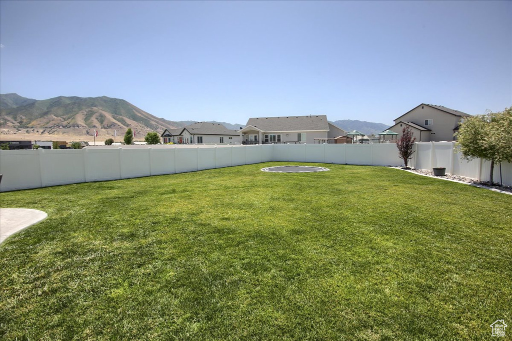 Fenced backyard with a mountain view