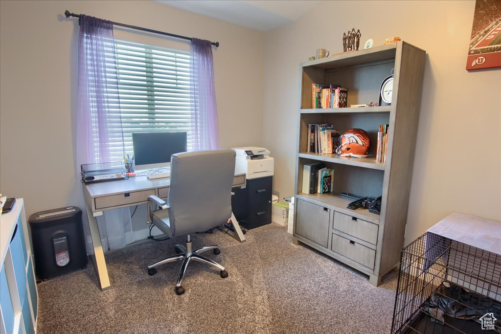View of carpeted home office