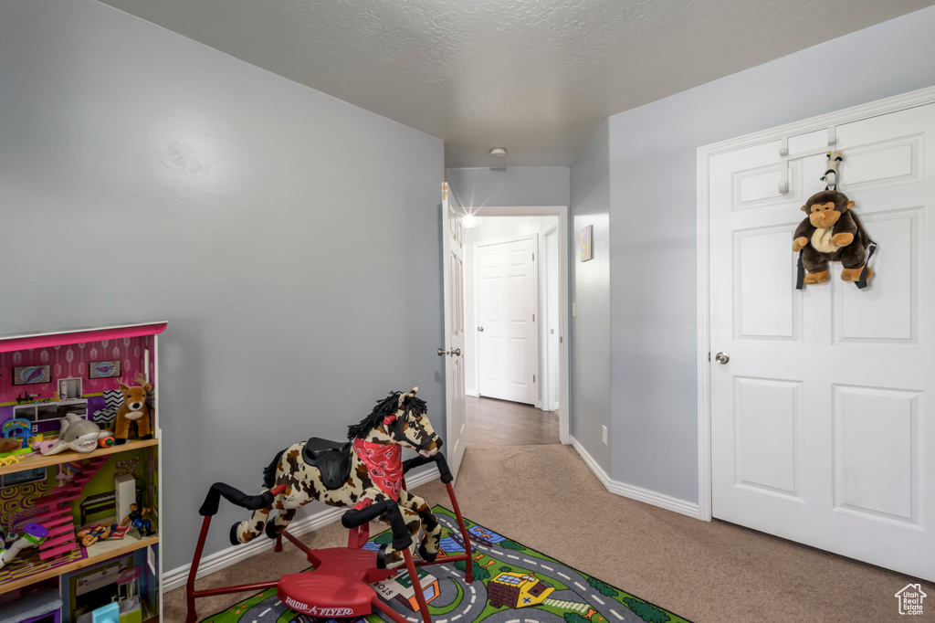 Rec room featuring carpet floors and baseboards