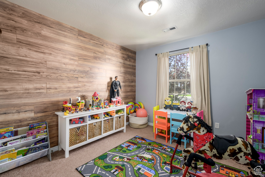 Recreation room featuring wooden walls and carpet flooring