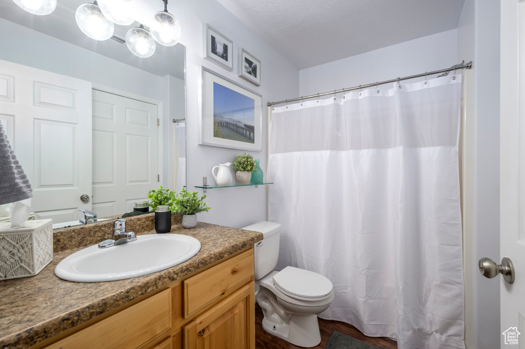Bathroom featuring vanity, wood finished floors, and a shower with shower curtain