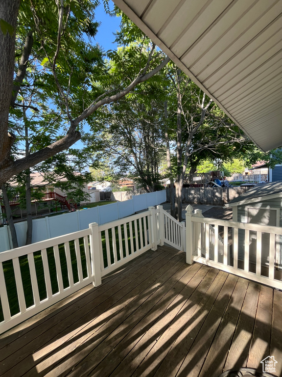 Wooden deck featuring a fenced backyard