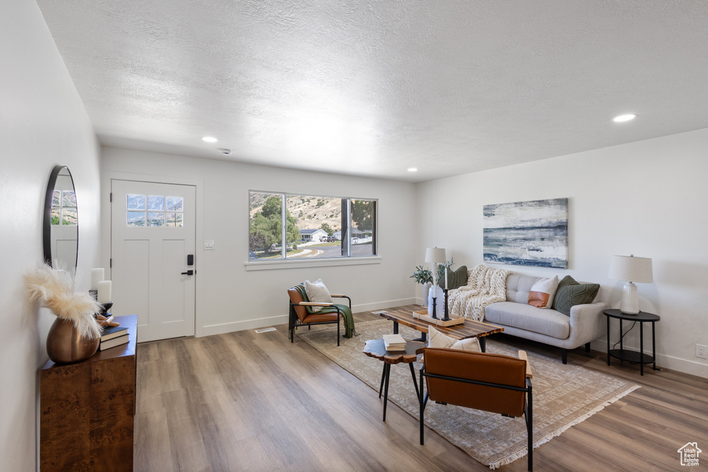Living area with wood finished floors, healthy amount of natural light, recessed lighting, and a textured ceiling