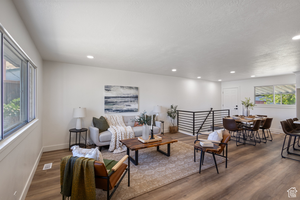 Living room featuring wood finished floors and recessed lighting