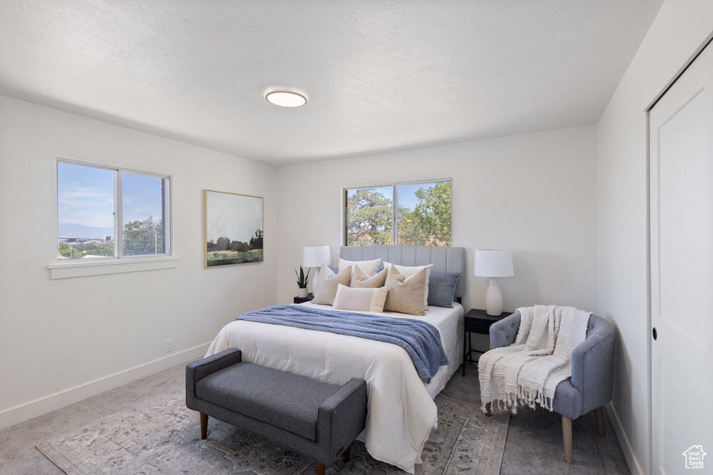 Bedroom with multiple windows and carpet floors