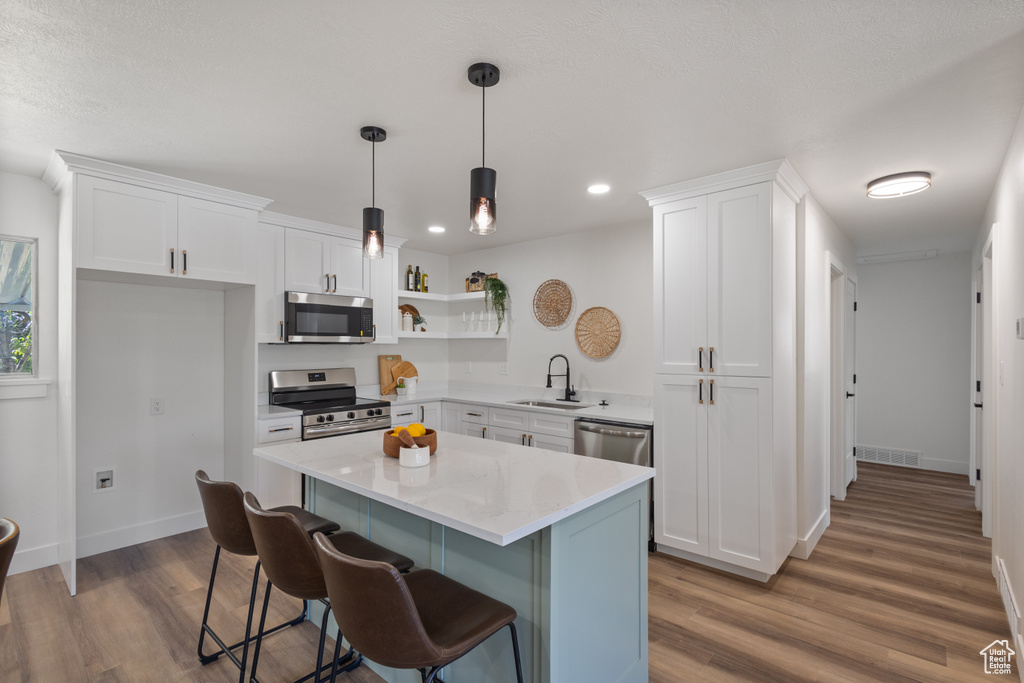 Kitchen featuring appliances with stainless steel finishes, open shelves, white cabinets, wood finished floors, and recessed lighting
