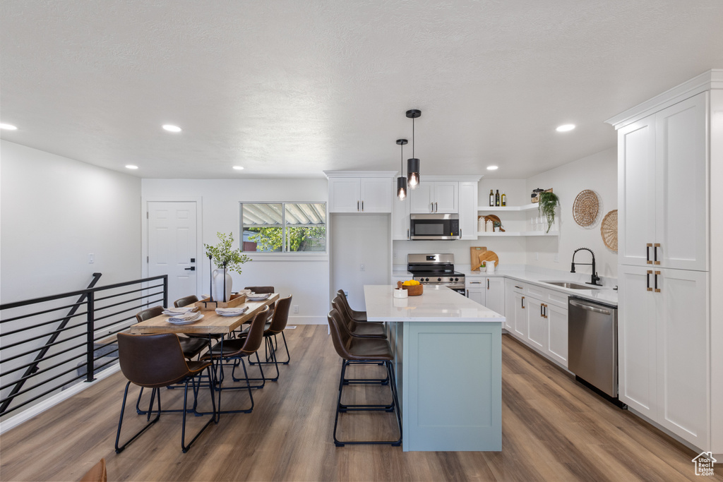 Kitchen with stainless steel appliances, open shelves, wood finished floors, light countertops, and recessed lighting