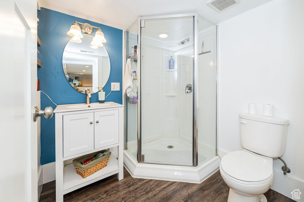 Full bathroom featuring a shower stall, wood finished floors, and vanity