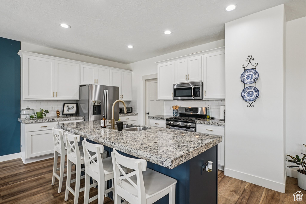 Kitchen featuring stainless steel appliances, an island with sink, dark wood-style flooring, tasteful backsplash, and recessed lighting