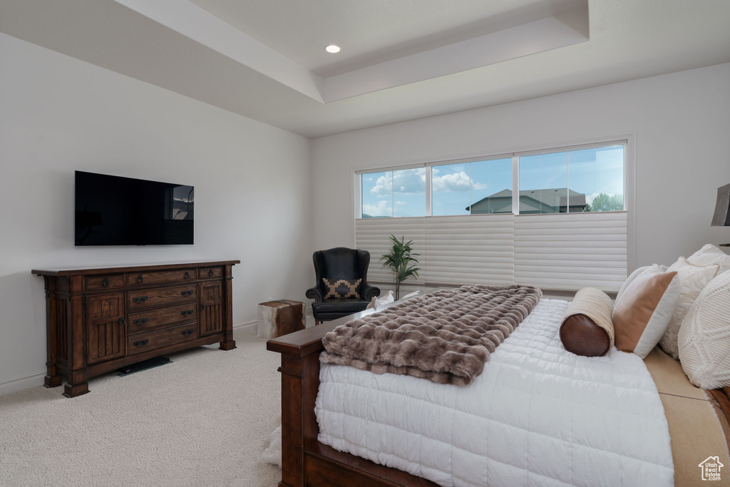 Bedroom featuring carpet flooring, a raised ceiling, and recessed lighting