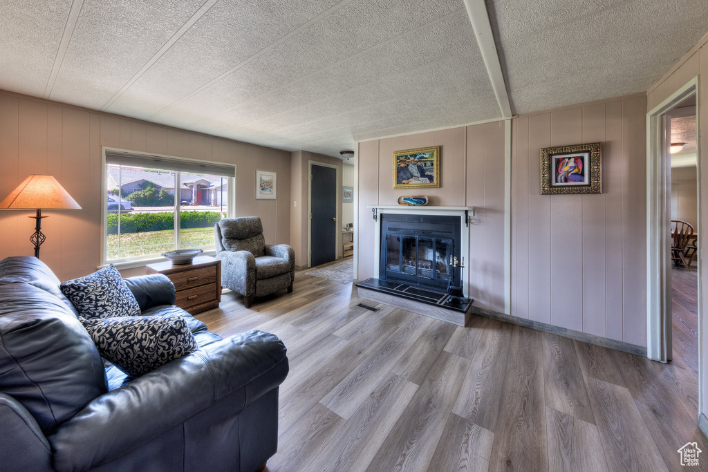 Living area featuring wood finished floors, a glass covered fireplace, and a textured ceiling