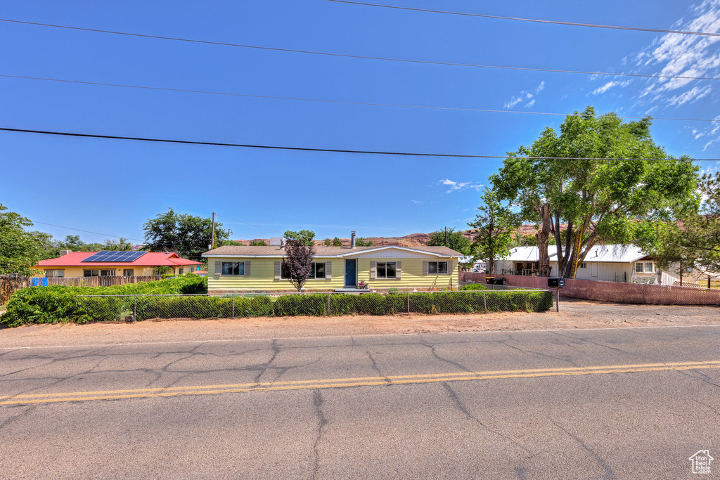 Ranch-style home featuring a fenced front yard