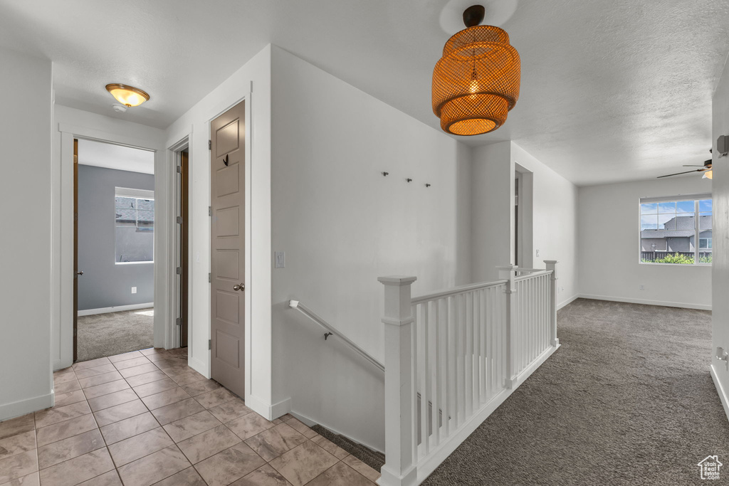 Corridor with an upstairs landing and light colored carpet