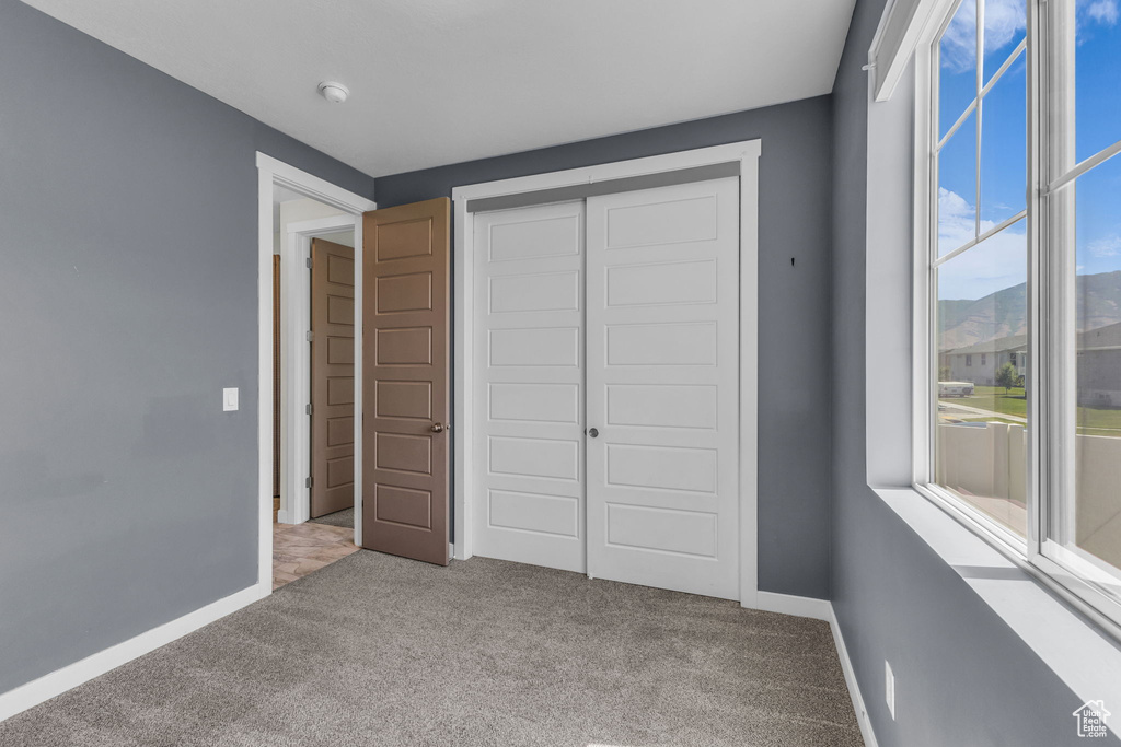 Unfurnished bedroom featuring carpet flooring and a closet