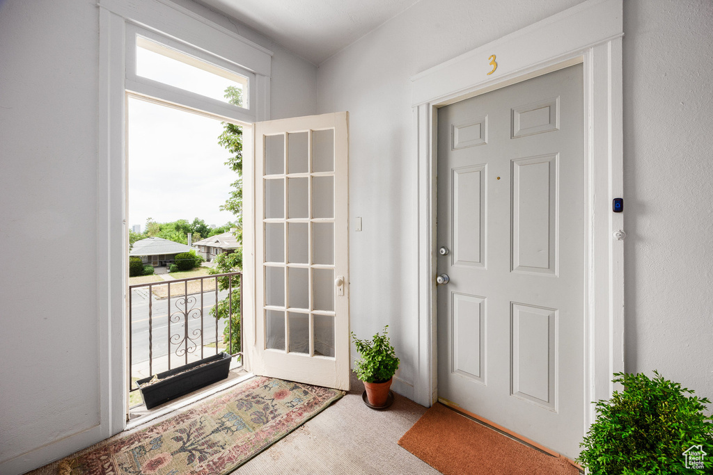 Foyer entrance featuring carpet