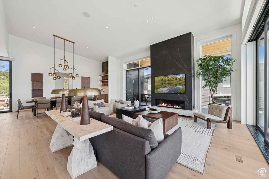 Living area featuring a premium fireplace and light wood-type flooring