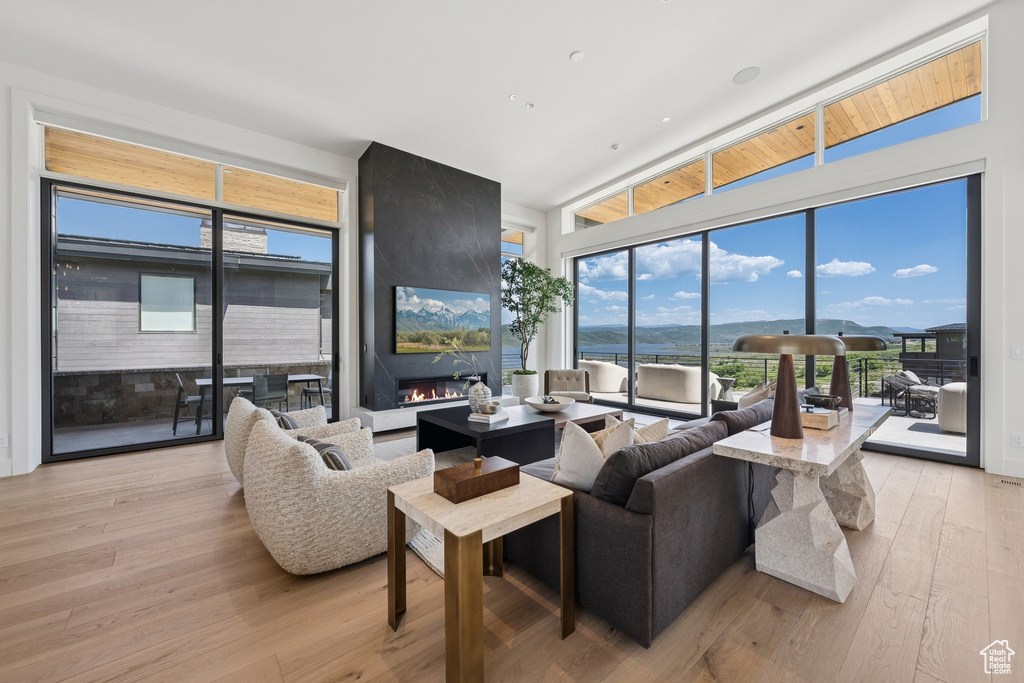 Living room with plenty of natural light, light wood-style floors, a large fireplace, and a water view