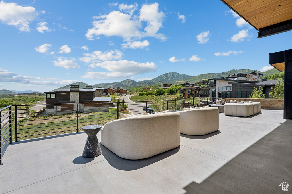 Patio / terrace featuring a mountain view