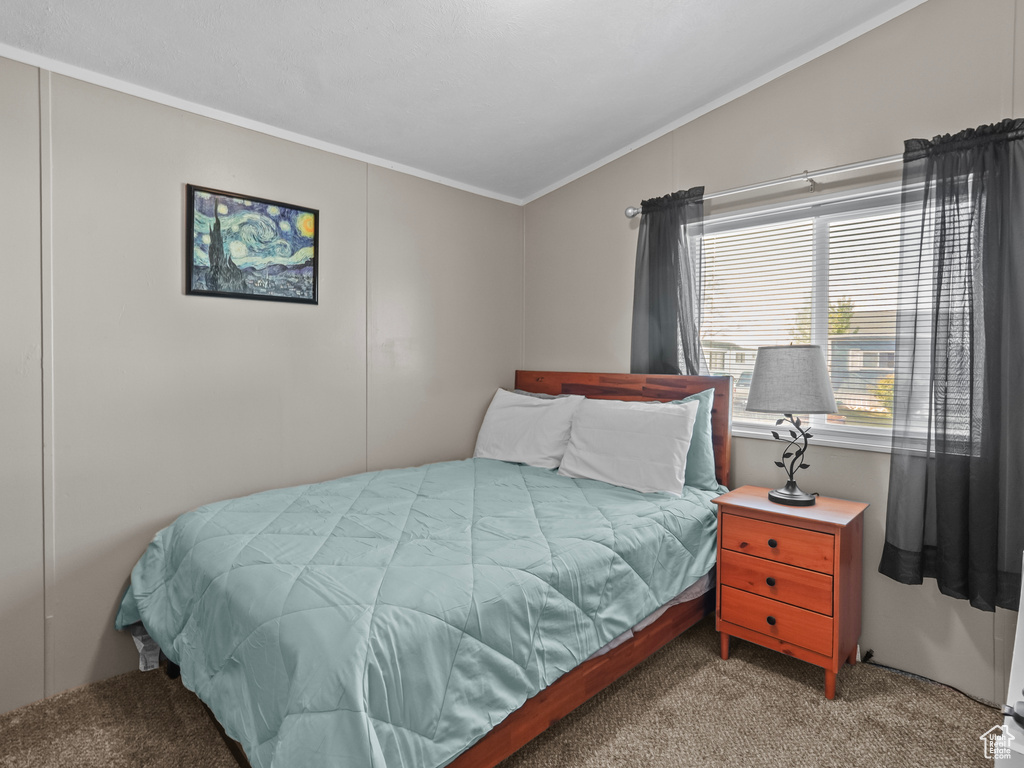 Bedroom with ornamental molding and carpet
