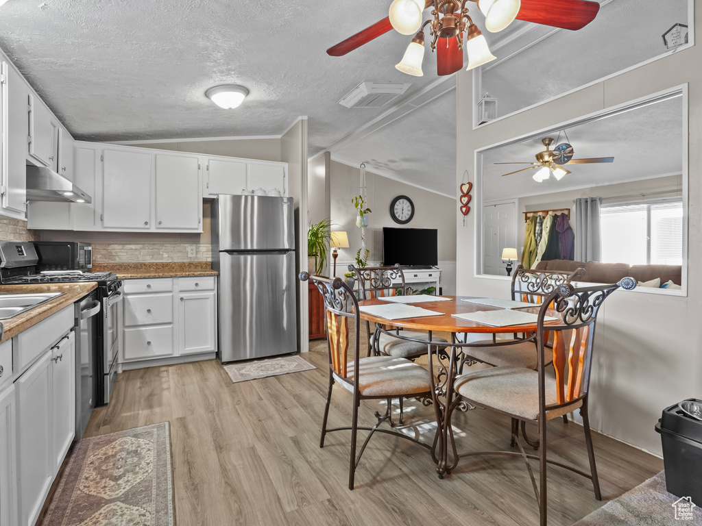 Kitchen featuring stainless steel appliances, ceiling fan, lofted ceiling, under cabinet range hood, and light wood finished floors