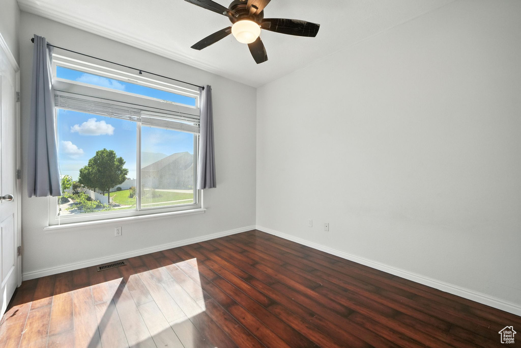 Empty room with hardwood / wood-style floors, plenty of natural light, and ceiling fan