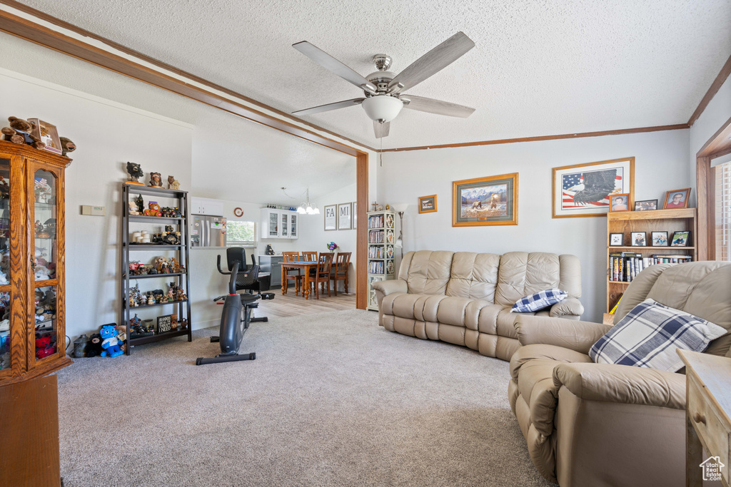 Living area featuring carpet floors, a ceiling fan, a textured ceiling, lofted ceiling, and ornamental molding