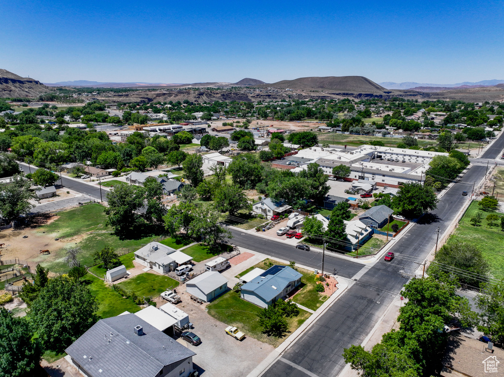 Aerial perspective of suburban area with mountains