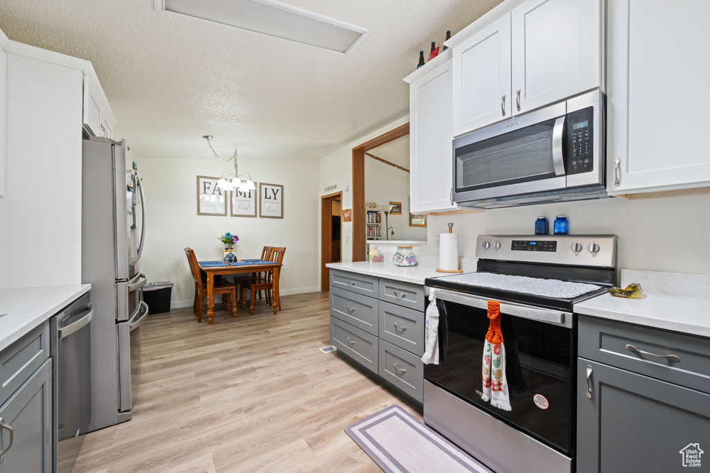 Kitchen with appliances with stainless steel finishes, gray cabinets, light countertops, and light wood-style floors