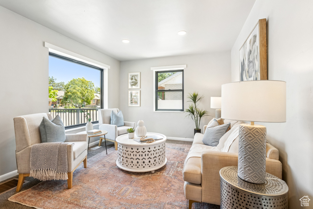 Living area featuring wood finished floors and recessed lighting