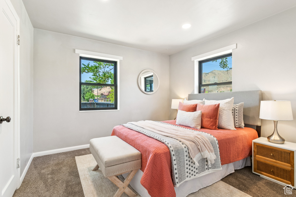 Carpeted bedroom featuring baseboards and recessed lighting