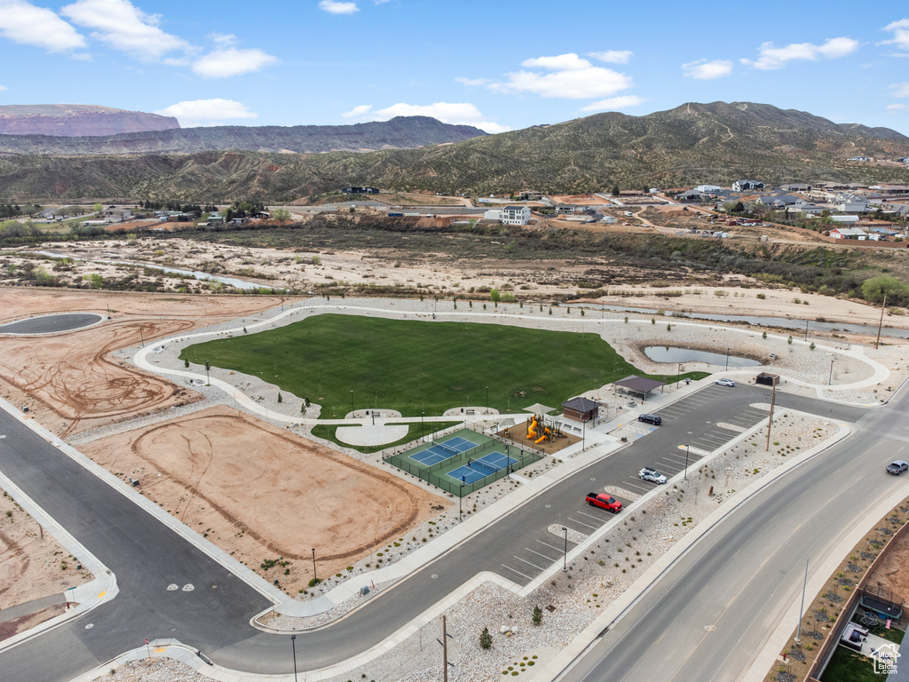 Drone / aerial view of a mountain backdrop