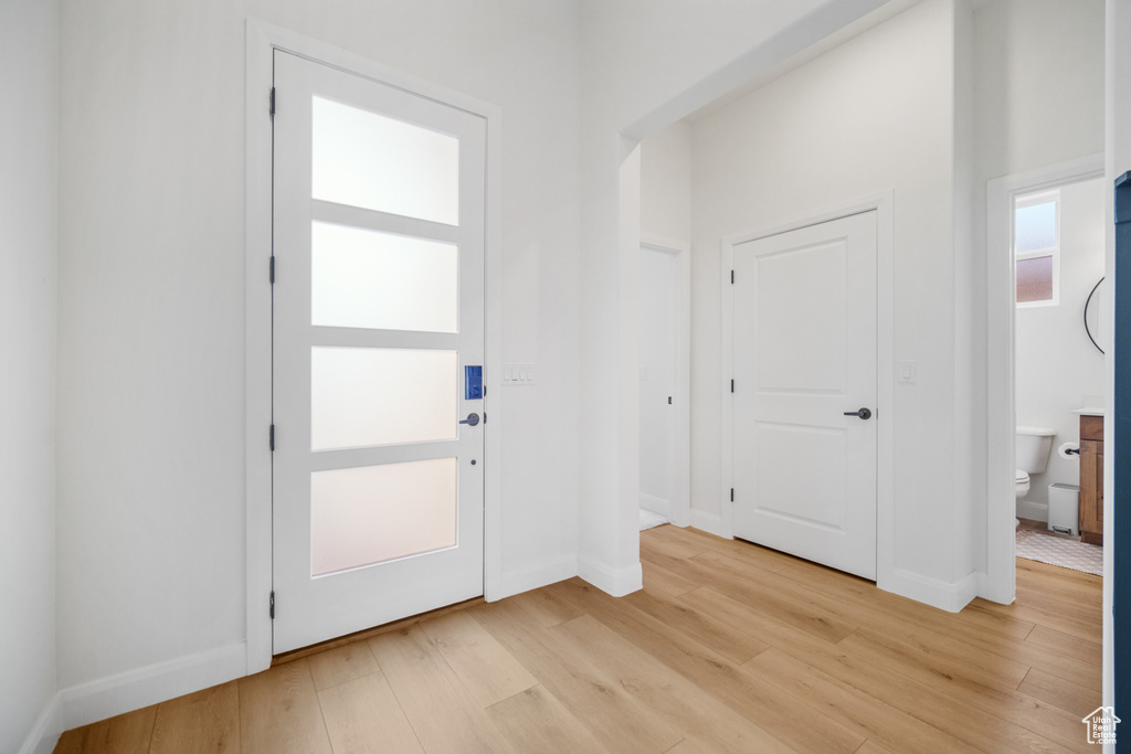Foyer entrance with light wood finished floors and baseboards
