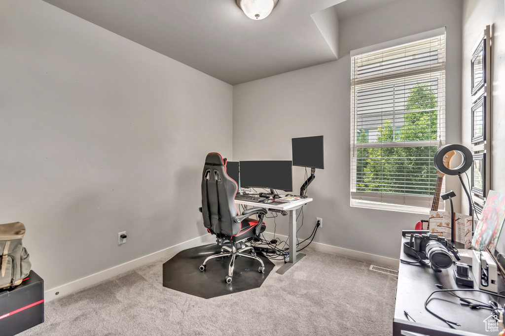 Office area featuring baseboards and carpet floors