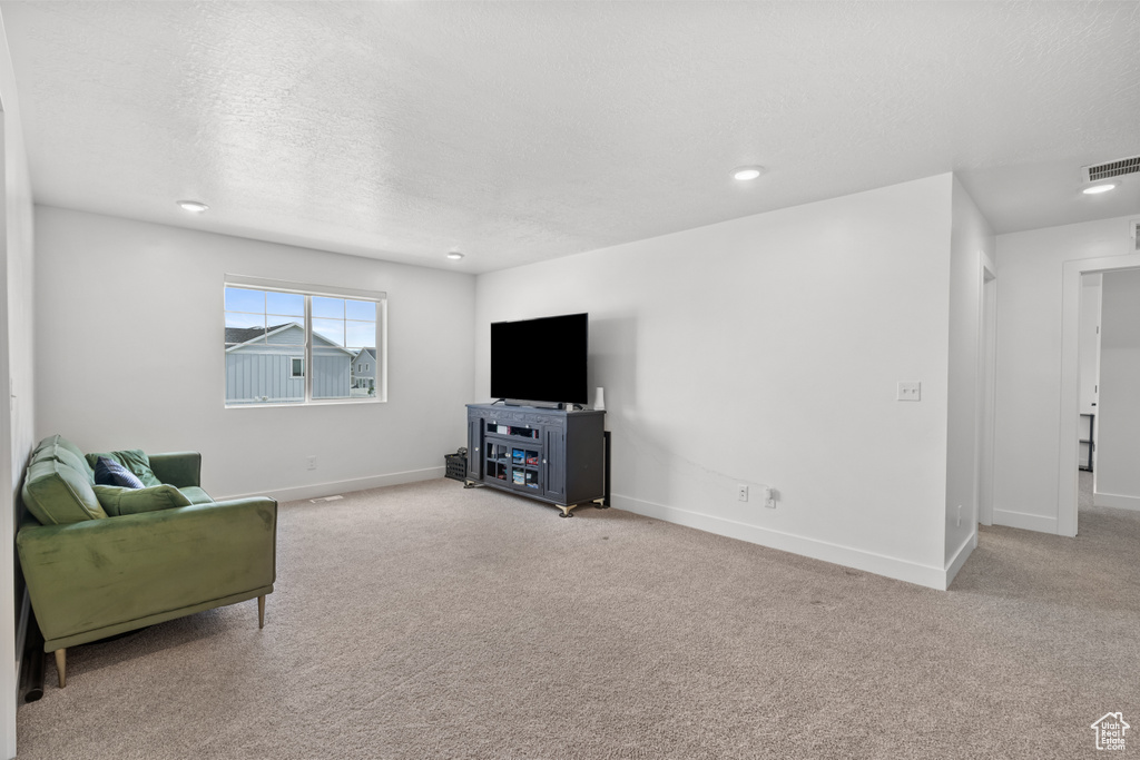 Carpeted living room with a textured ceiling and recessed lighting